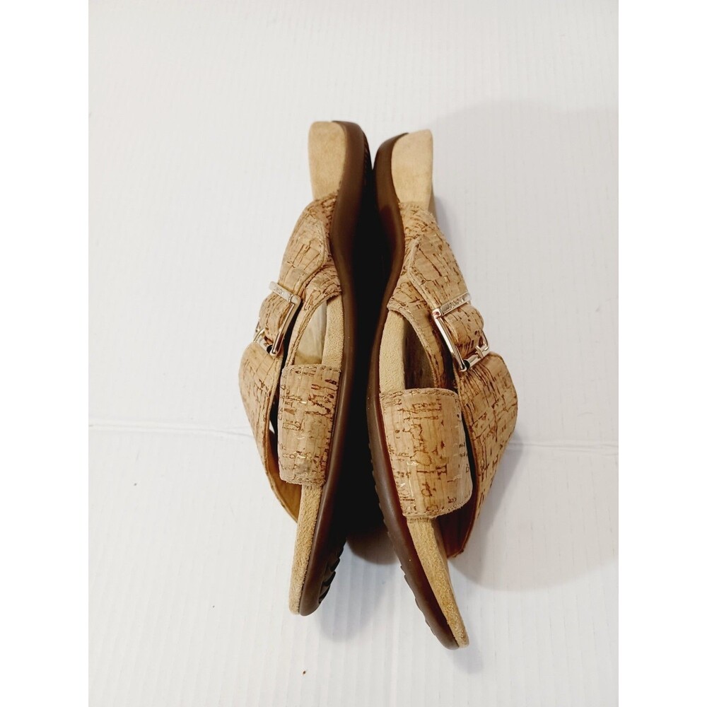 Vionic Cork-Textured Cross Strap Slide Sandals in Tan with Gold Buckles - Picture 3 of 7